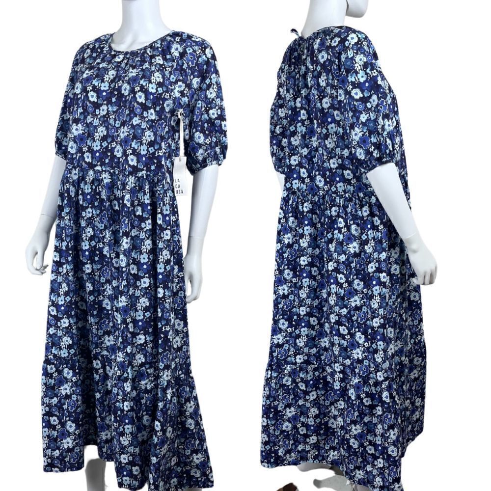 LACAUSA Women's Size S Blue Sapphire Ditsy Floral Midi NEW Dress Peasant Cottage